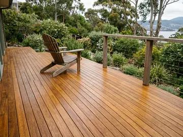 Timber deck freshly sanded and oiled to a warm honey colour