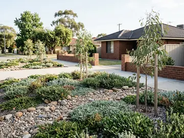 Street verge garden with native groundcovers and river stones
