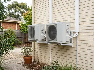 Two outdoor condenser units on wall brackets with tidy pipe covers