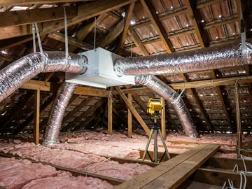 New insulated flexible ducting running from a plenum box in a roof space
